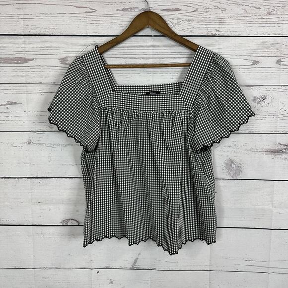 Rails Tops - Rails Top Womens Large Black Gingham Scallop Square Neck Shirt Plaid
